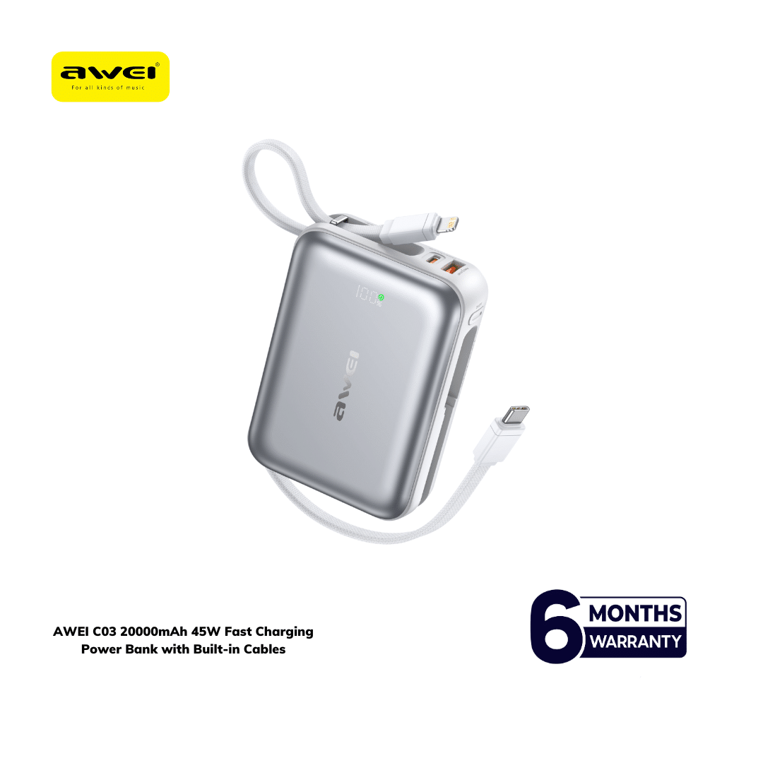 AWEI C03 20000mAh 45W Fast Charging Power Bank with Built-in Cables