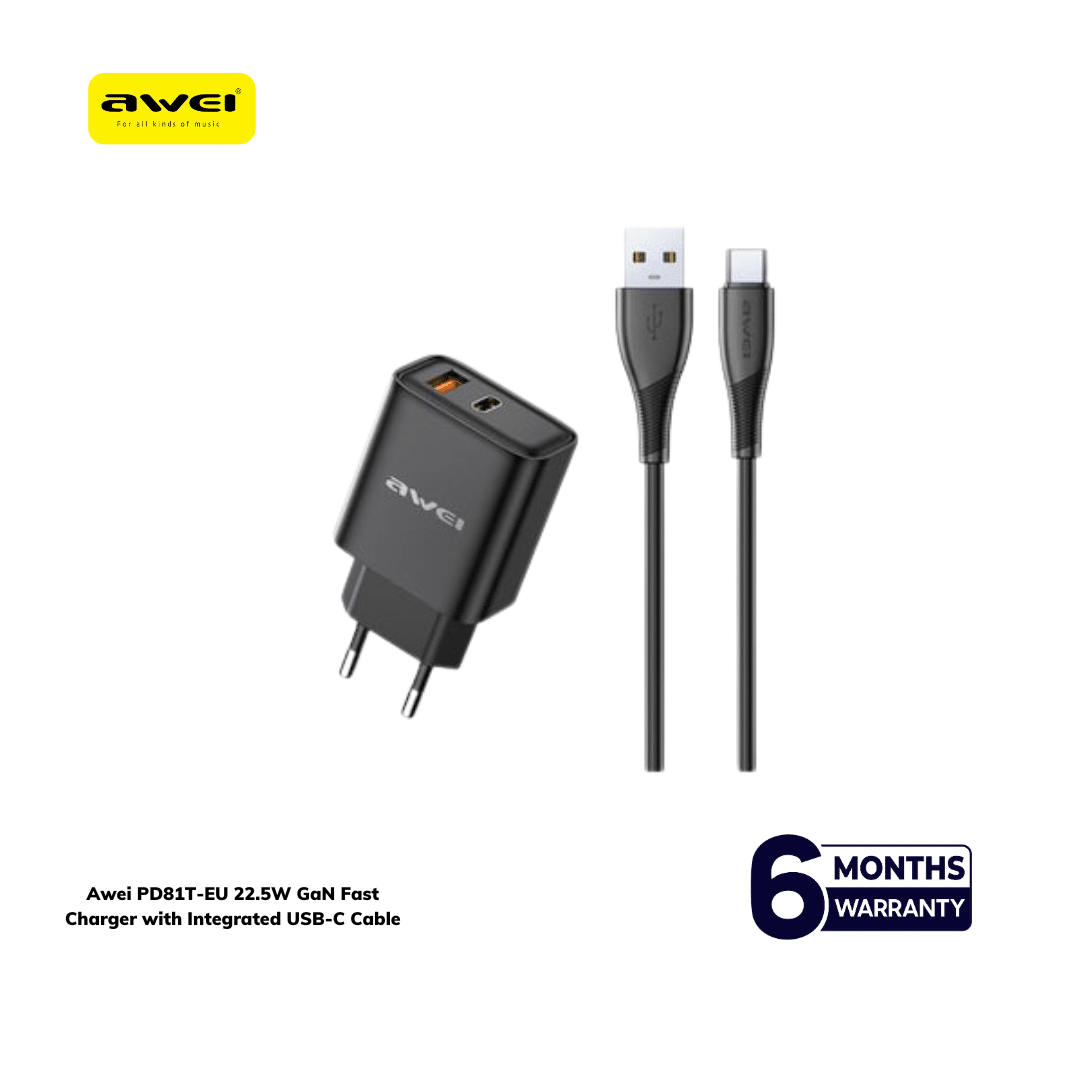 Awei PD81T-EU 22.5W GaN Fast Charger with Integrated USB-C Cable